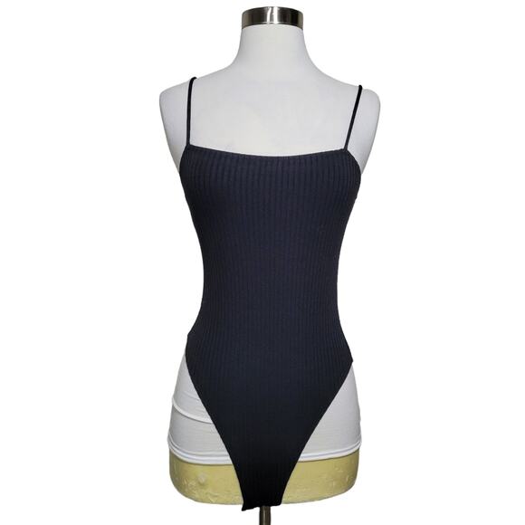 Topshop Black Ribbed Textured Spaghetti Strap Bodysuit Size 2 - Picture 1 of 7